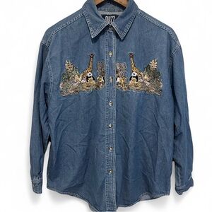 Vintage Quizz Blue Denim Shirt Safari Embroidered Animals Cotton Women’s 18